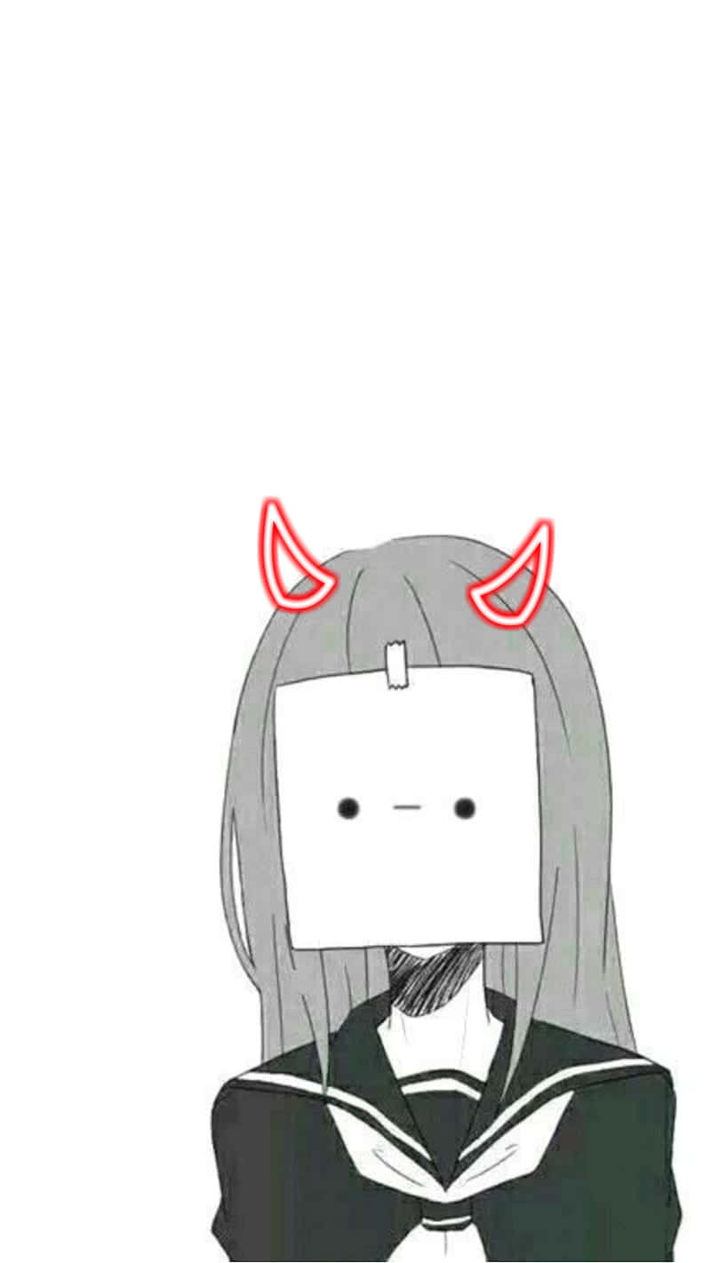動漫女孩，灰色頭髮和紅色角，戴著方形紙面具和校服。