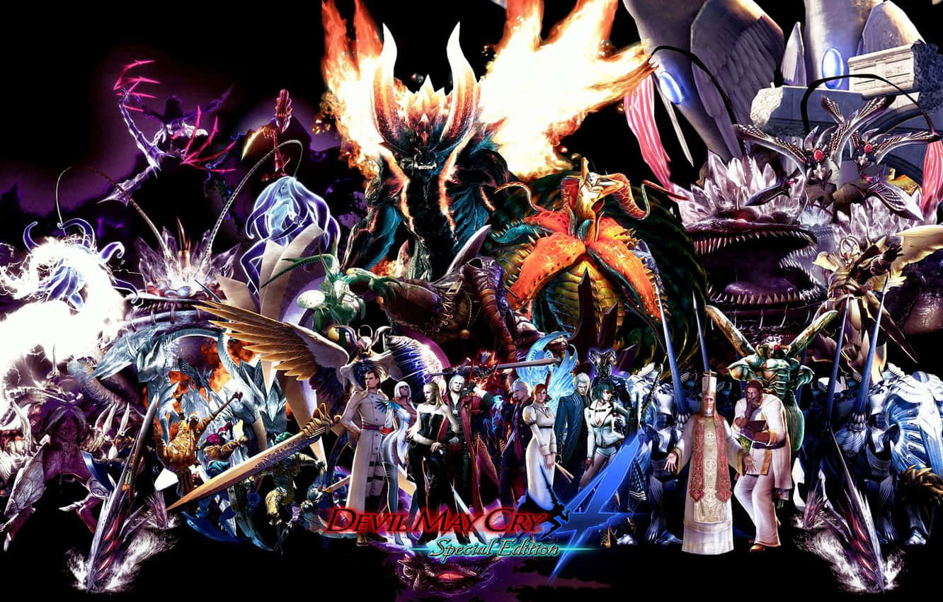 Devil May Cry Characters 桌布 壁紙 — 《惡魔獵人4》角色與惡魔在火焰爆炸和發光武器中戰鬥的動態動漫拼貼畫。