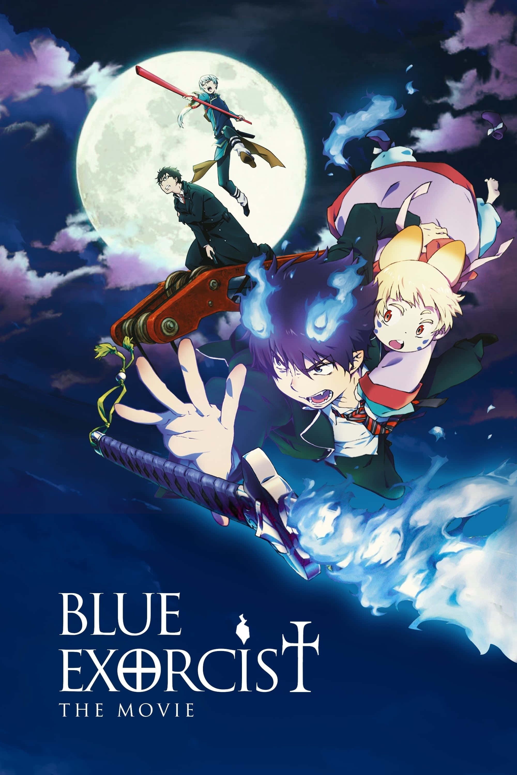 惡魔獵人與驅魔師 — 藍色驅魔師中的 Rin Okumura 壁紙 — 動漫角色在月光照耀的天空中翱翔，揮舞魔法武器對抗烏雲。