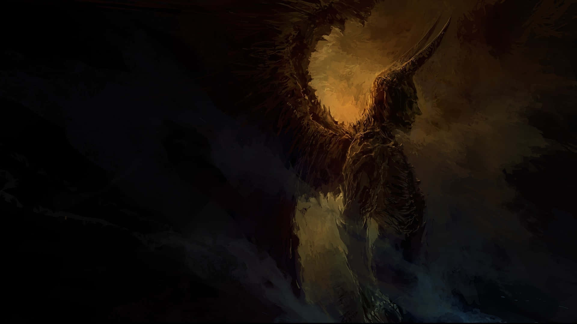 惡魔的怒吼 壁紙 — 一個擁有發光眼睛的暗翼惡魔形象從陰影雲層中浮現，沐浴在金色光芒下。