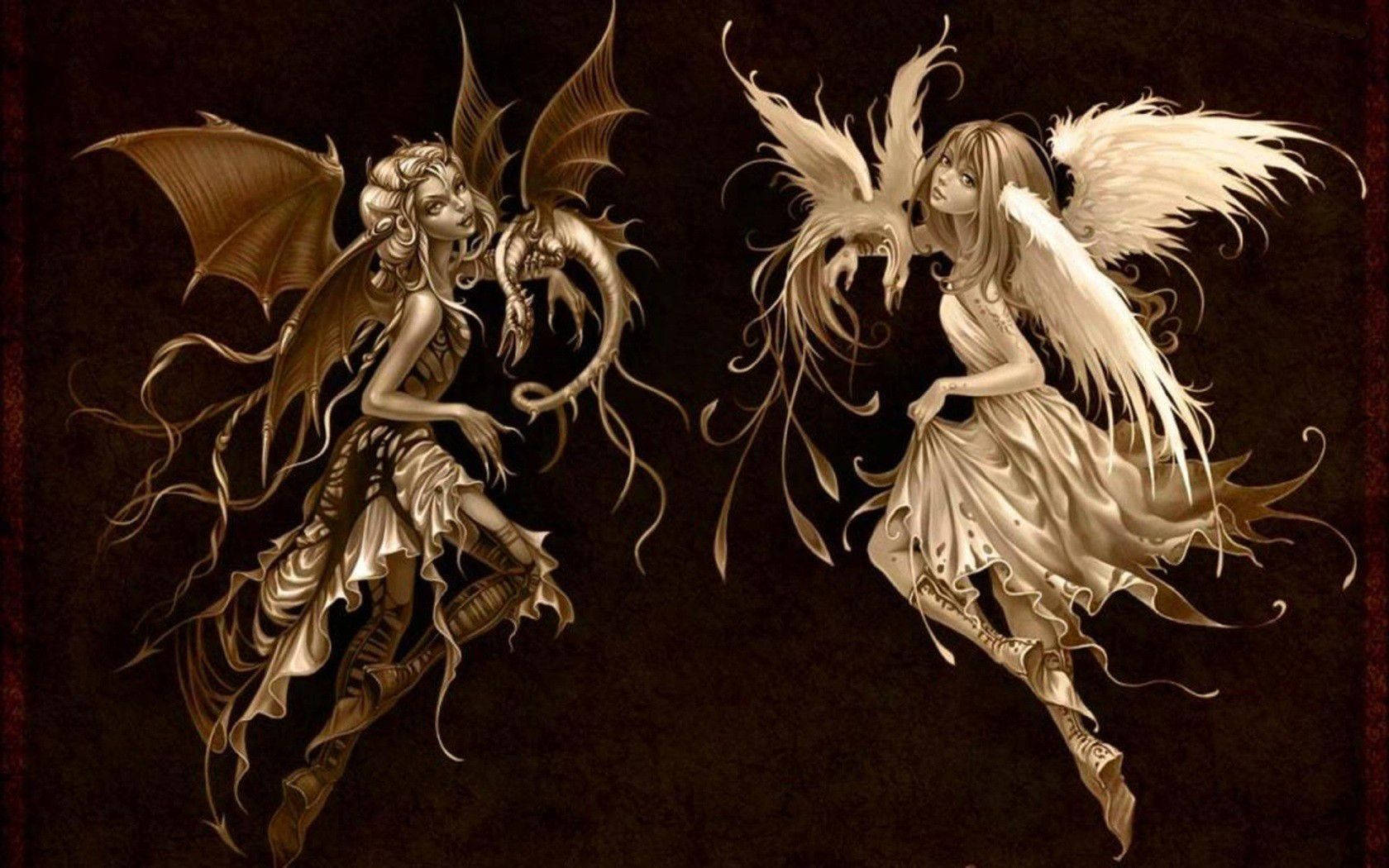 惡魔與天使在神秘的懷舊色調奇幻場景中對峙。