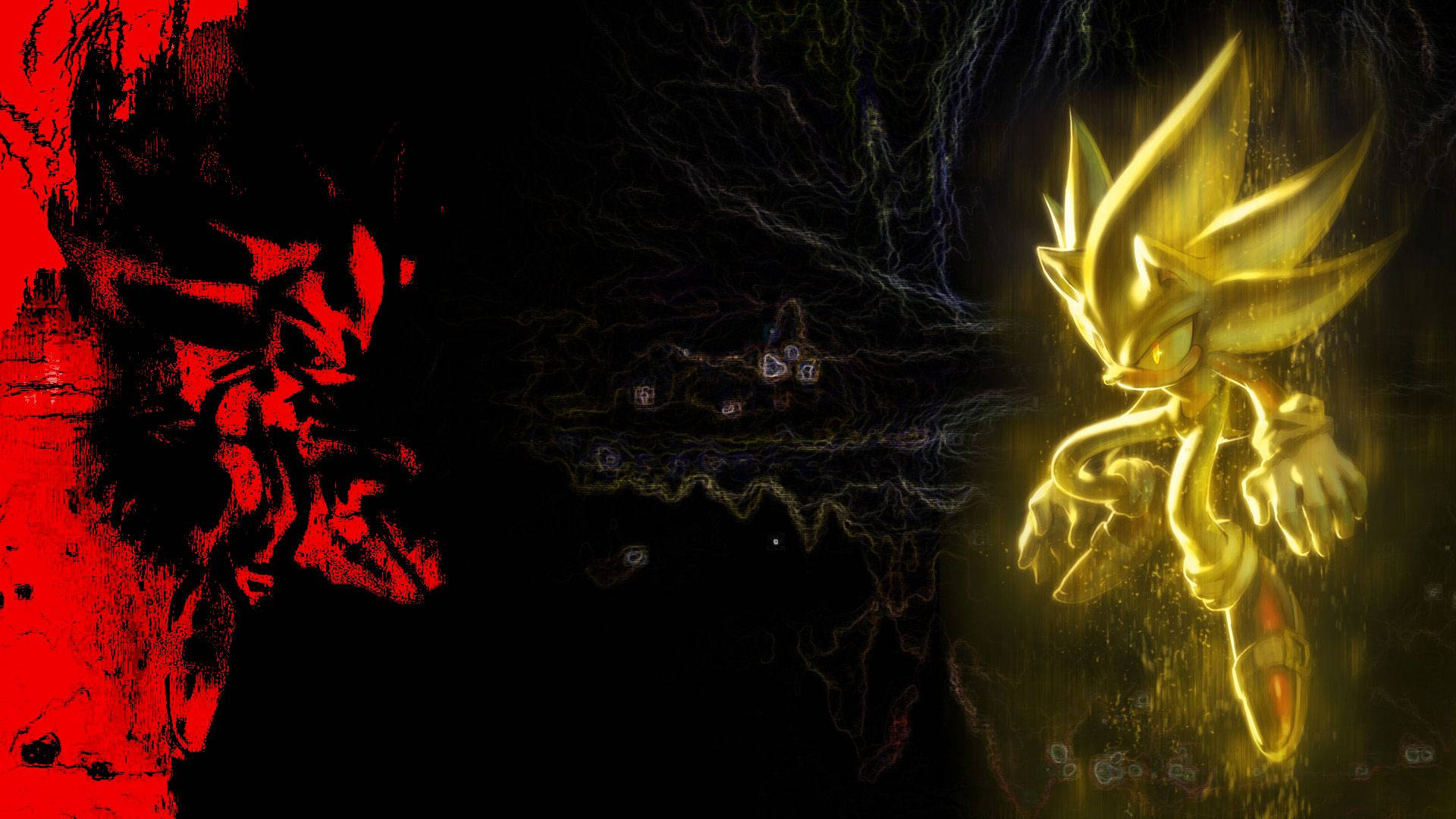 金色Sonic喺黑暗風格化場景中對抗紅色惡魔形狀嘅身影。