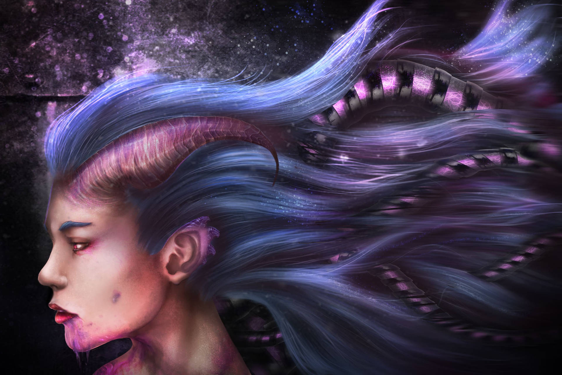 擁有飄逸藍紫色頭髮和彎曲角的奇幻女性，宇宙背景。