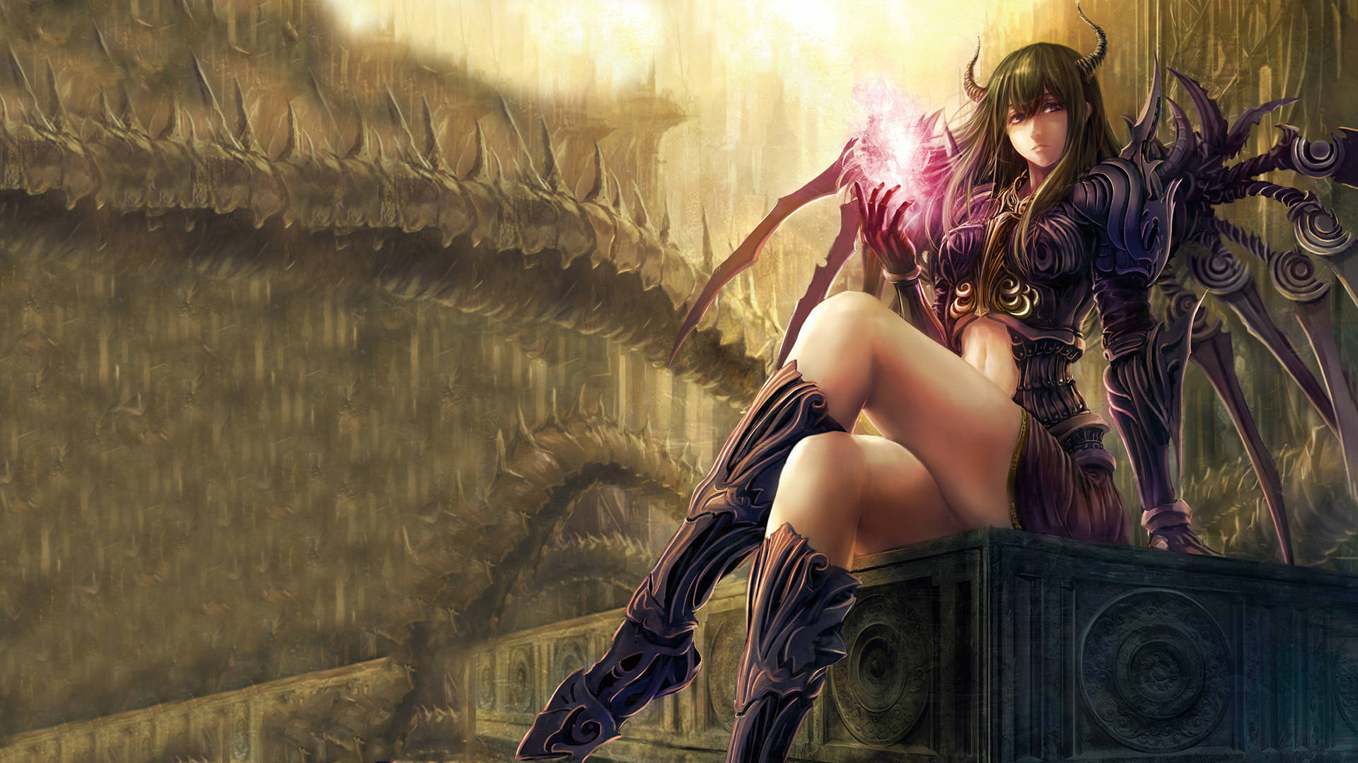 身穿暗色盔甲的惡魔般動漫女性，在廢墟環境中手持發光的魔法。