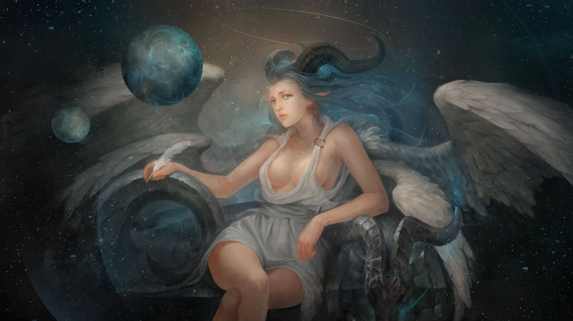 一位有翼的女性，頭上有角，平靜地坐在太空中漂浮的行星和星星之間。