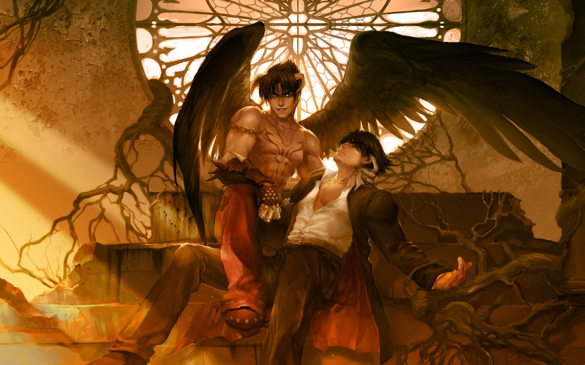 惡魔金· Kazama 卡通迷因藝術 壁紙 — 一個肌肉發達、長有翅膀的男人，在彩色玻璃窗下擁抱著一個坐著的男人，金色光線穿過纏結的樹根。