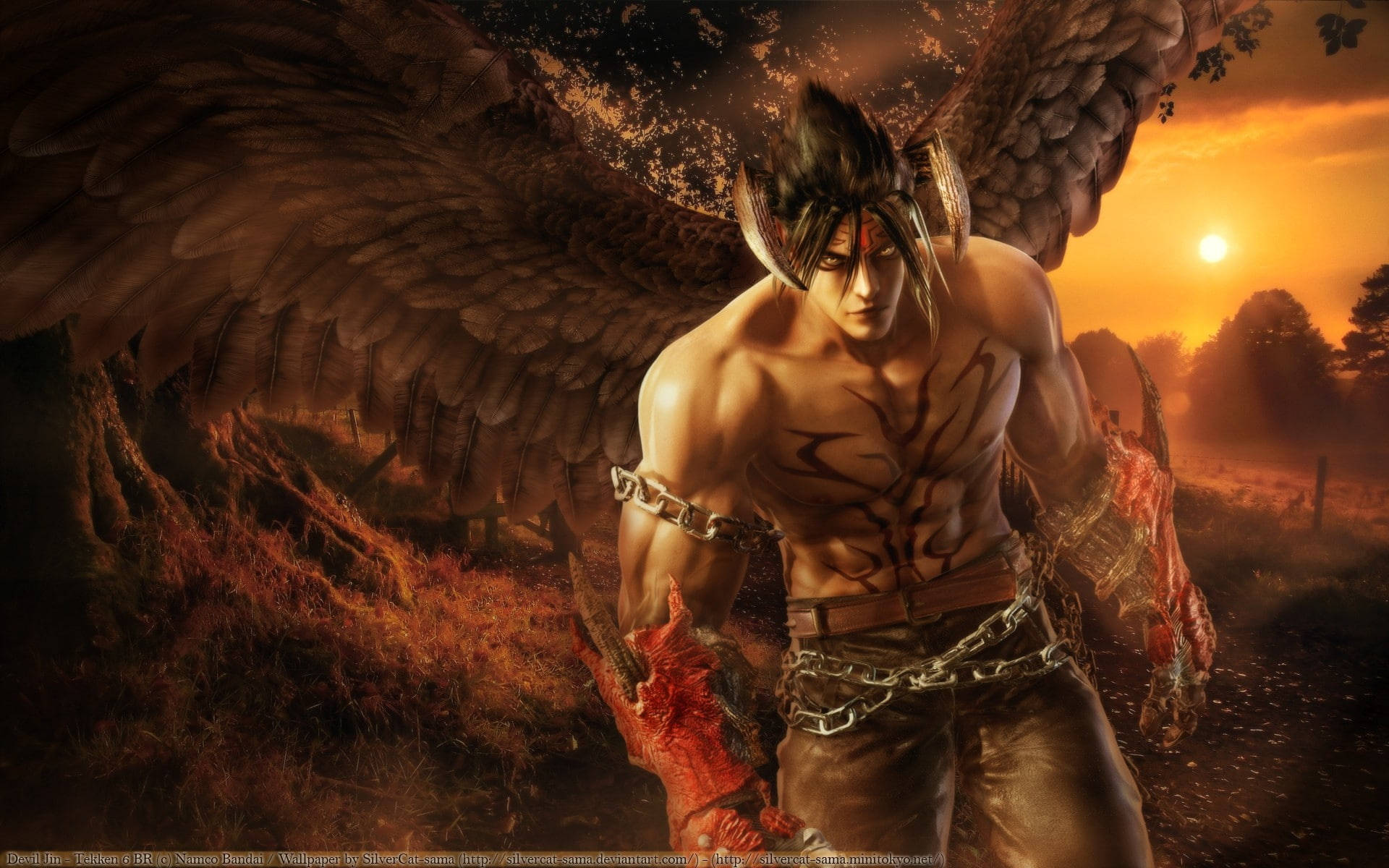 惡魔金· Kazama 迷因藝術 壁紙 — 一個肌肉發達、擁有黑色翅膀和鎖鏈的天使，在熾熱的夕陽田野中挑釁地站立。