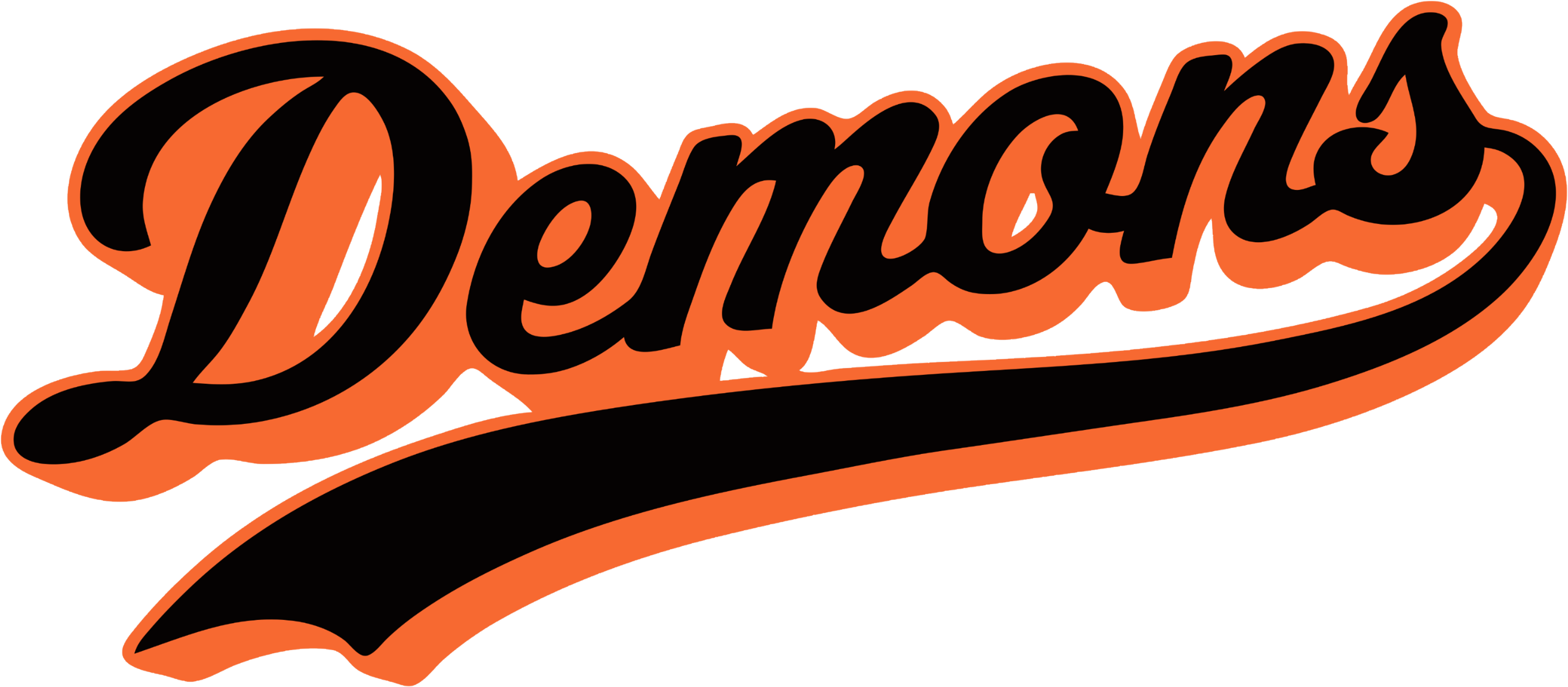 惡魔隊標誌 壁紙 — 在黑色背景上以黑色輪廓拼寫 Demons 的粗體橙色草書文字。