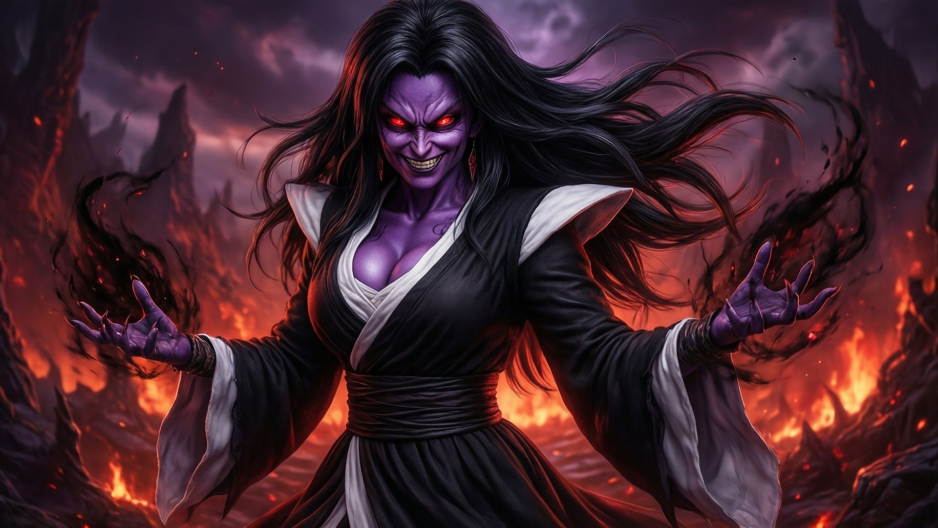 惡魔領域女巫 壁紙 — 一個皮膚紫色、眼睛發紅光、黑髮飄逸的可怕女巫，在黑暗的火山景觀中指揮著熾熱的混亂。