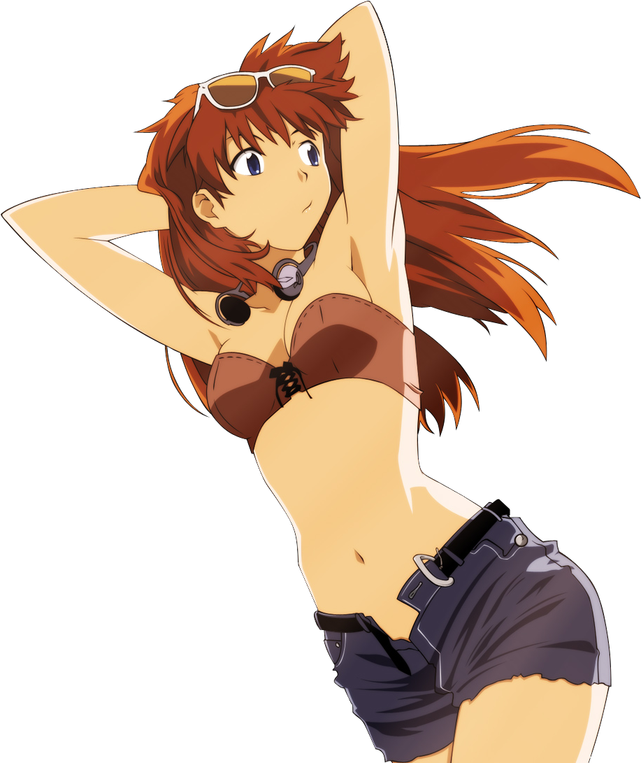 惣流·明日香·蘭格雷夏日服裝 壁紙 — 紅髮動漫女孩頭戴太陽眼鏡，自信地穿著比基尼上衣和短褲，在黑色背景前擺姿勢。