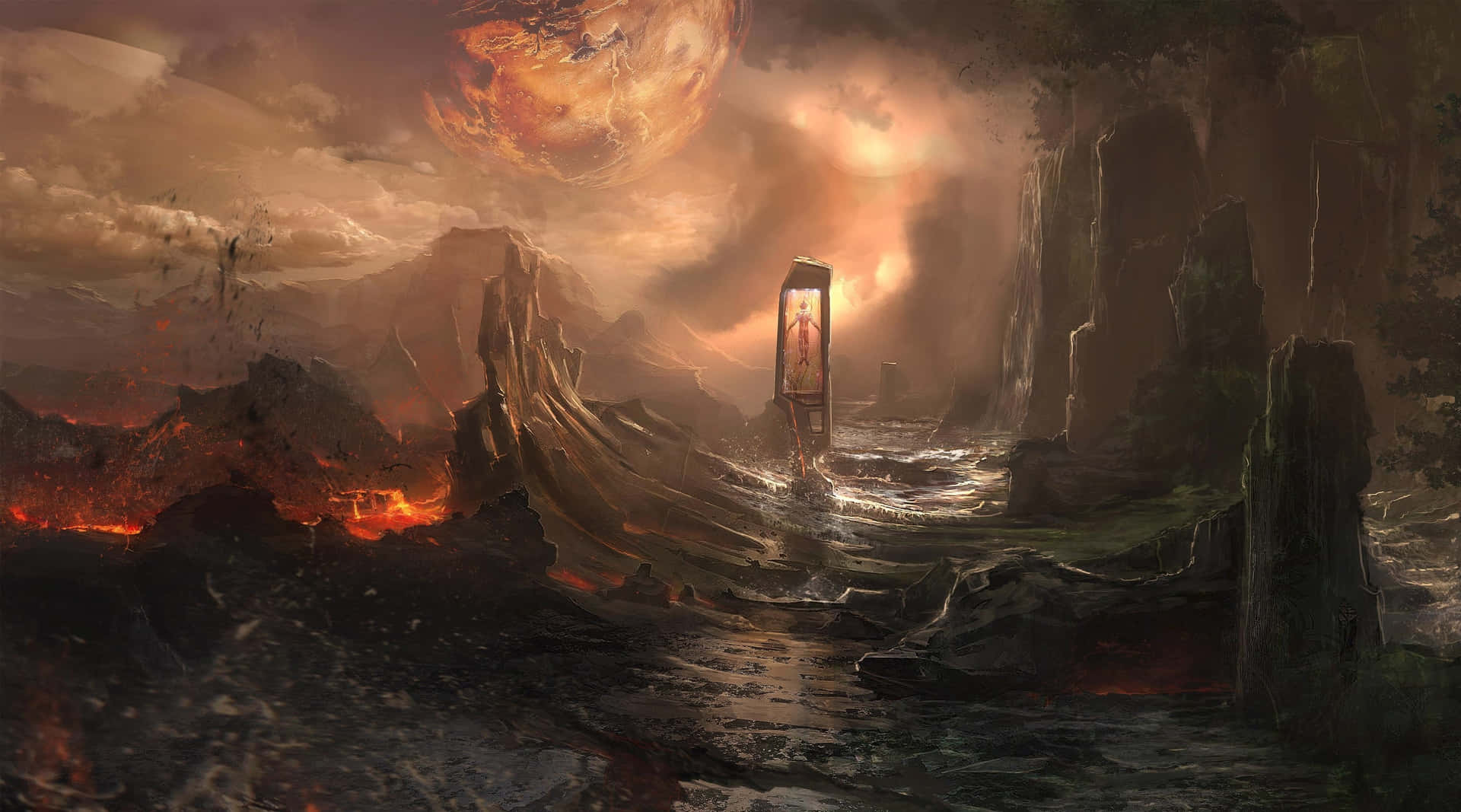 巨大行星下的火山荒地中的發光傳送門