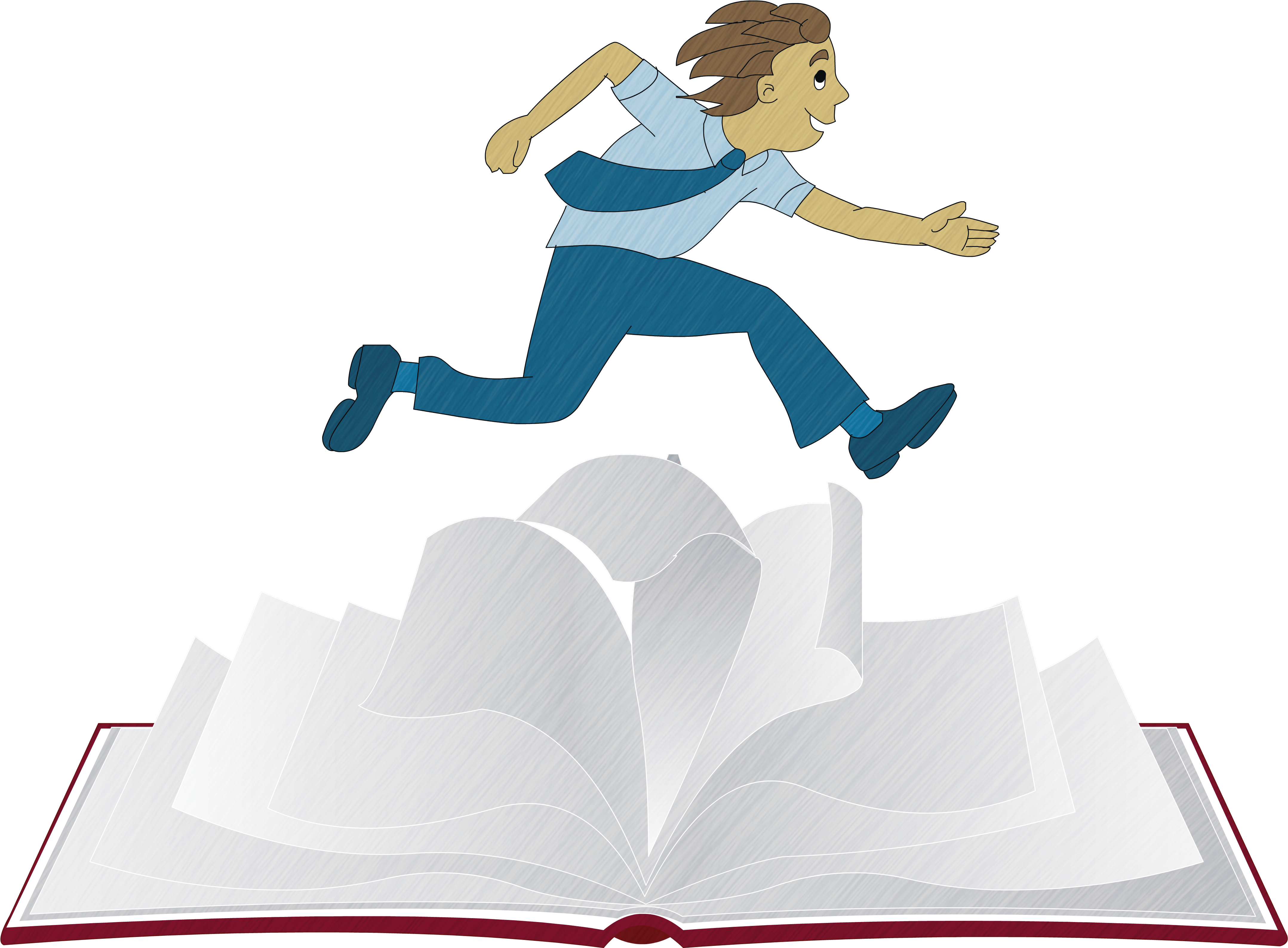 想像力的冒險 壁紙 — 一個卡通男孩從一本打開的書的頁面中歡快地跳出來，背景是黑色的。