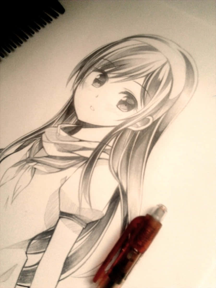 想像力豐富的動漫少女畫作 壁紙 — 一張詳細的鉛筆素描，描繪了一個長髮大眼的動漫女孩在素描本上，旁邊有一支紅色筆。