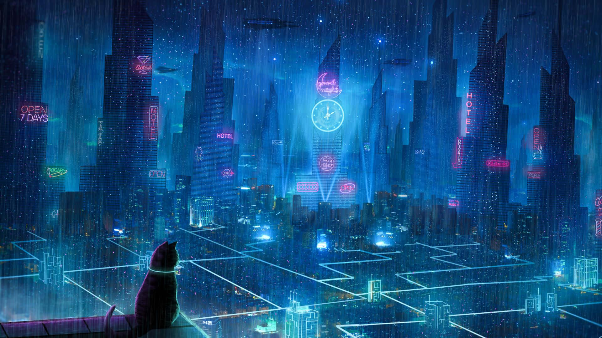 想像未來世界 壁紙 — 一隻孤獨的貓在星空下注視著雨濕的霓虹塔在賽博龐克城市景觀中發光。