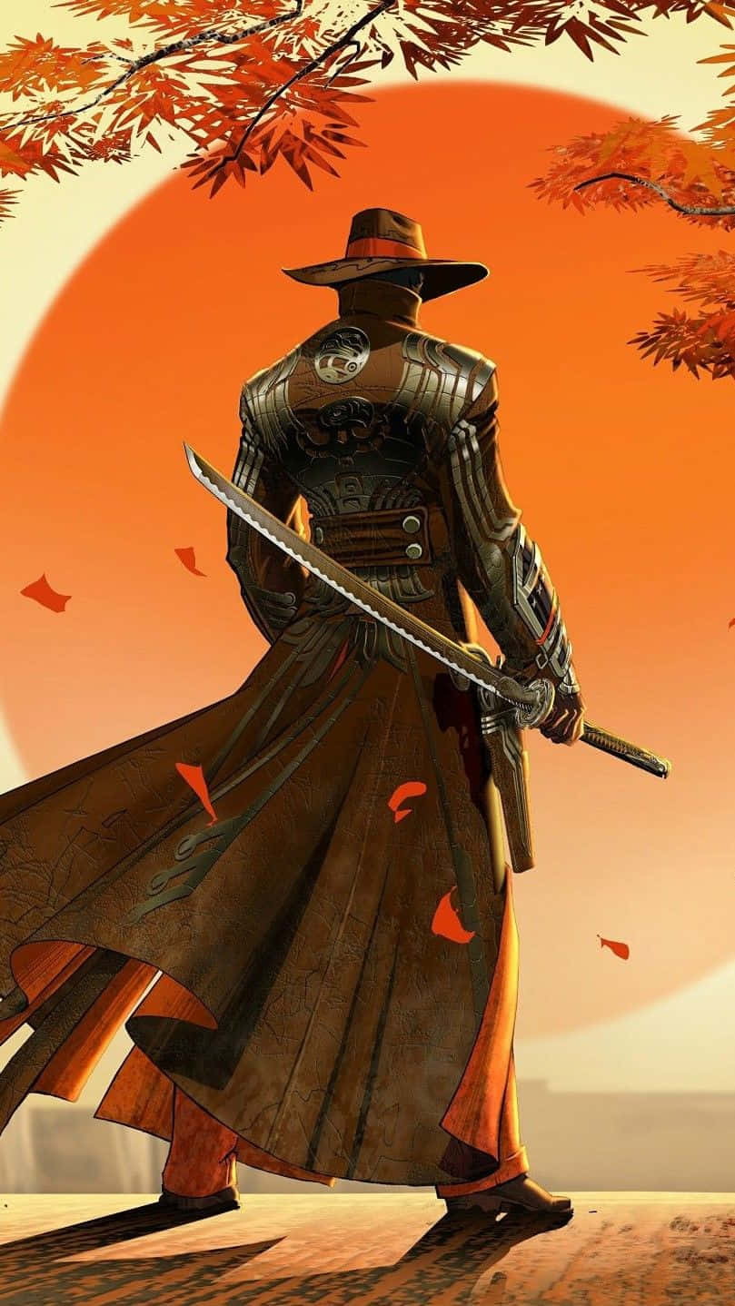 想體驗狂野西部冒險嗎？ 壁紙 — 一位身穿華麗盔甲的武士，手持武士刀，站在秋楓葉環繞的橙色夕陽下。