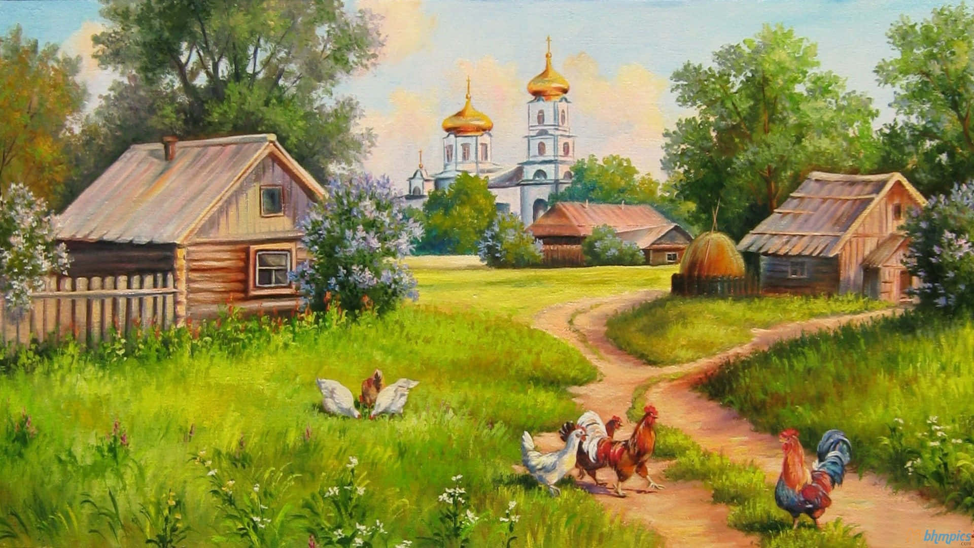 質樸的村莊場景，木屋附近有雞隻和一座金色圓頂教堂。