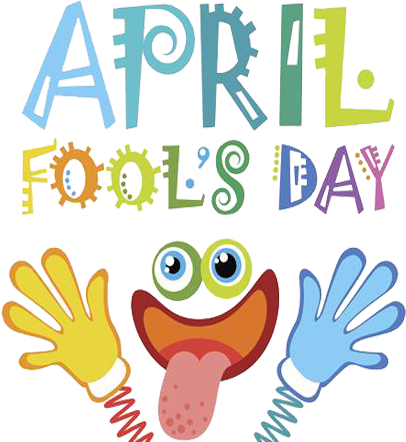 愚人節卡通慶祝插畫 壁紙 — 色彩繽紛的卡通文字寫著 April Fool's Day，有一個傻傻的臉伸出舌頭，兩隻手在揮舞。