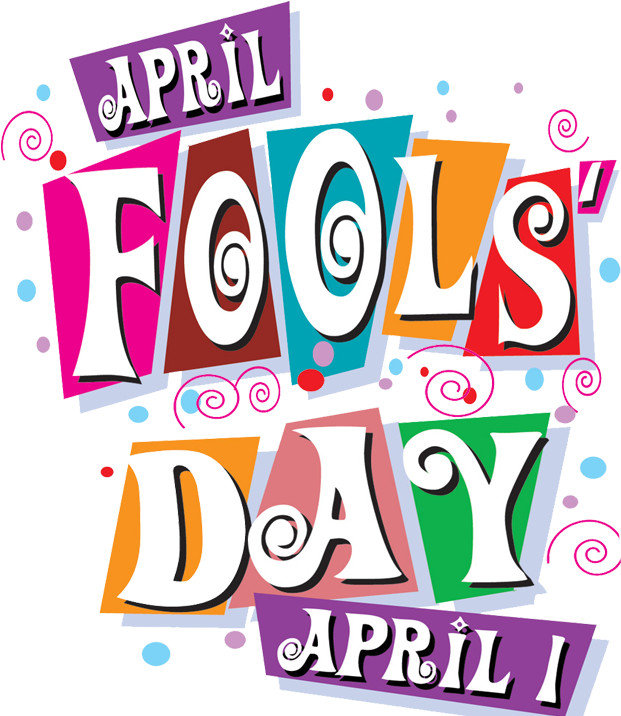 愚人節慶祝圖案 壁紙 — 鮮豔多彩的文字拼出 April Fools Day，帶有旋轉裝飾和散落的圓點，背景為黑色。