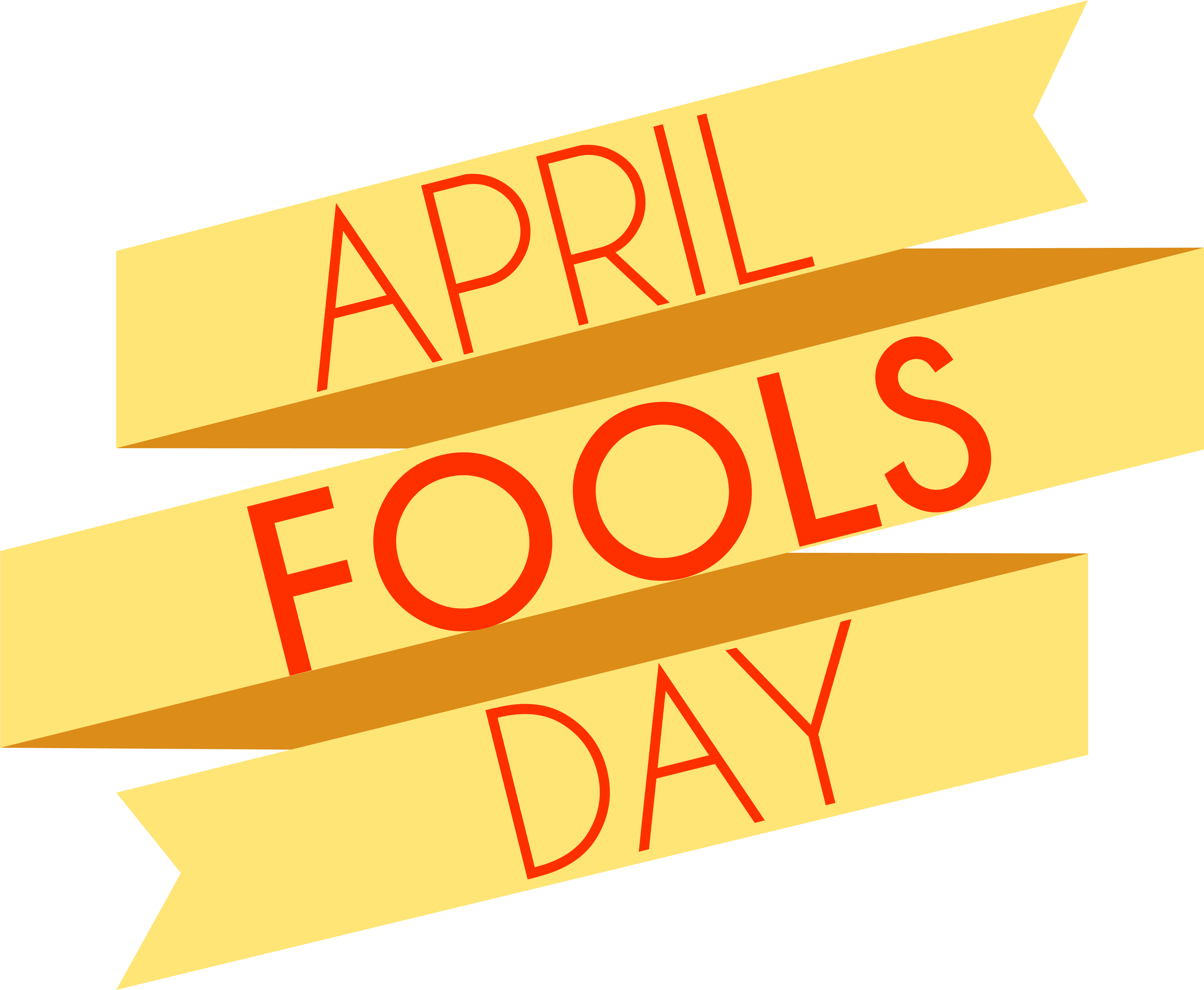 愚人節橫幅圖案 壁紙 — 三條黃色絲帶，上面有紅色文字斜向閱讀 April Fools Day，背景為黑色。