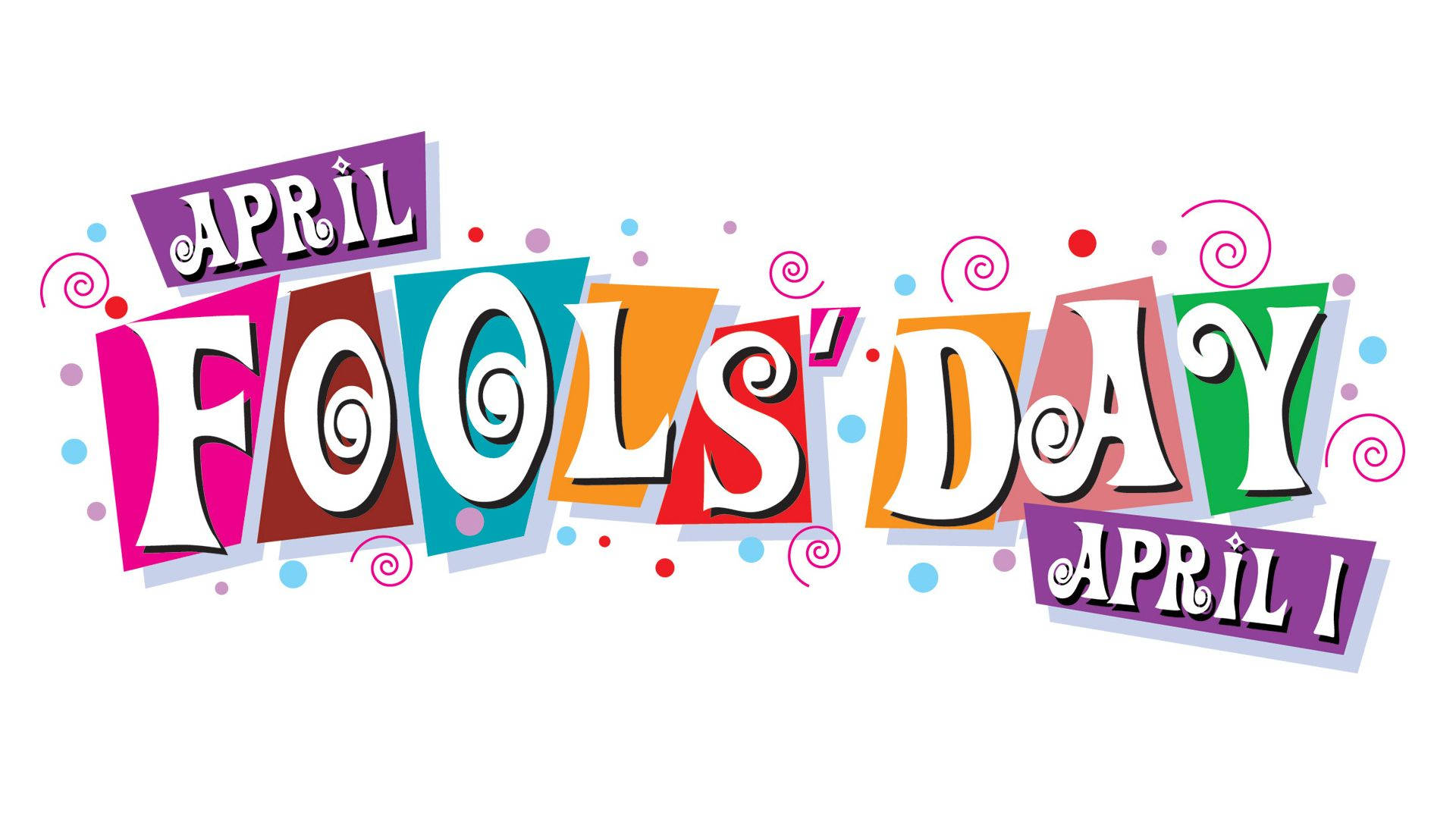 April Fools' Day 慶祝圖案，帶有彩色字母和漩渦。