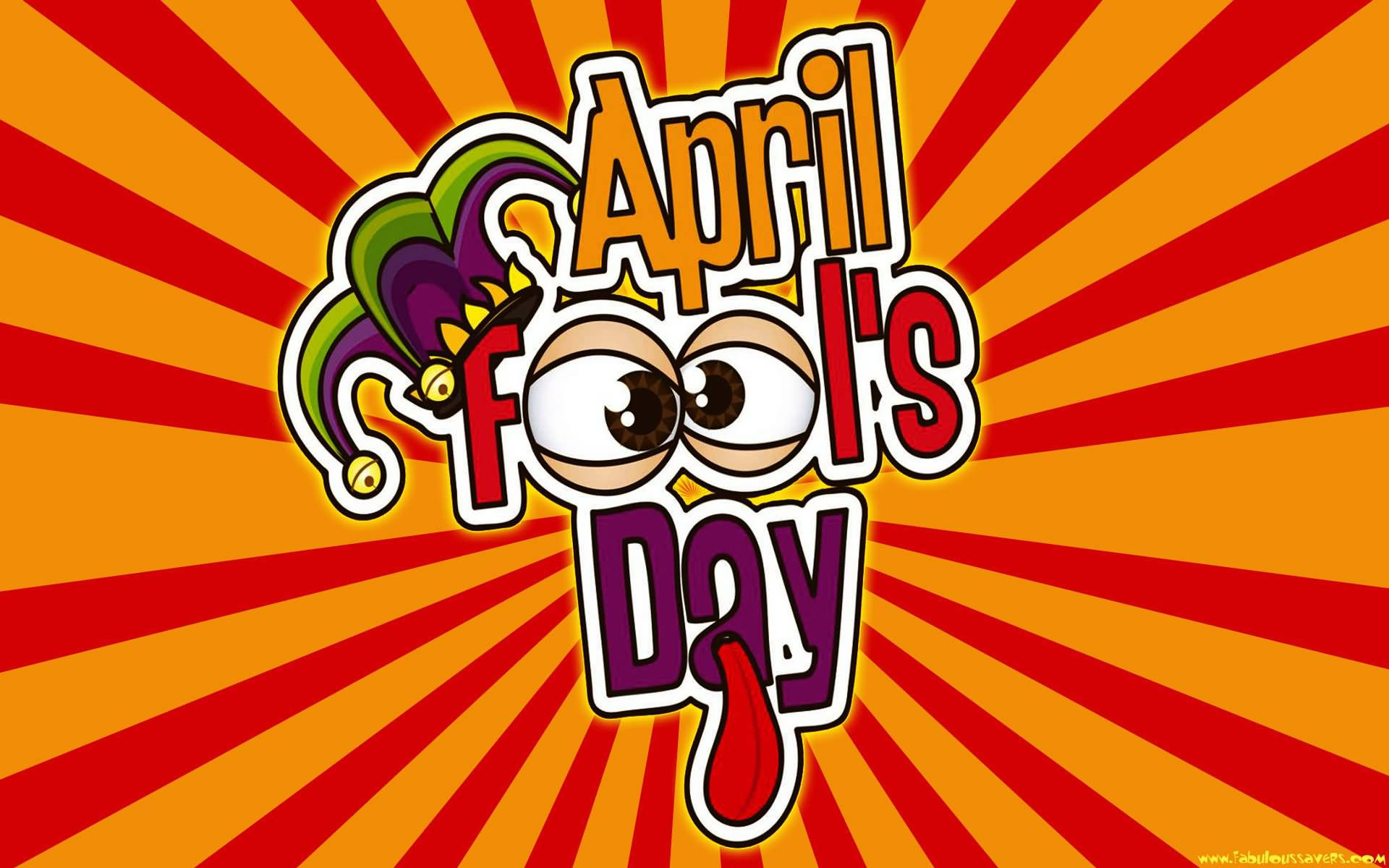 April Fools Day 文字，帶有凸眼和小丑帽，背景為太陽光線