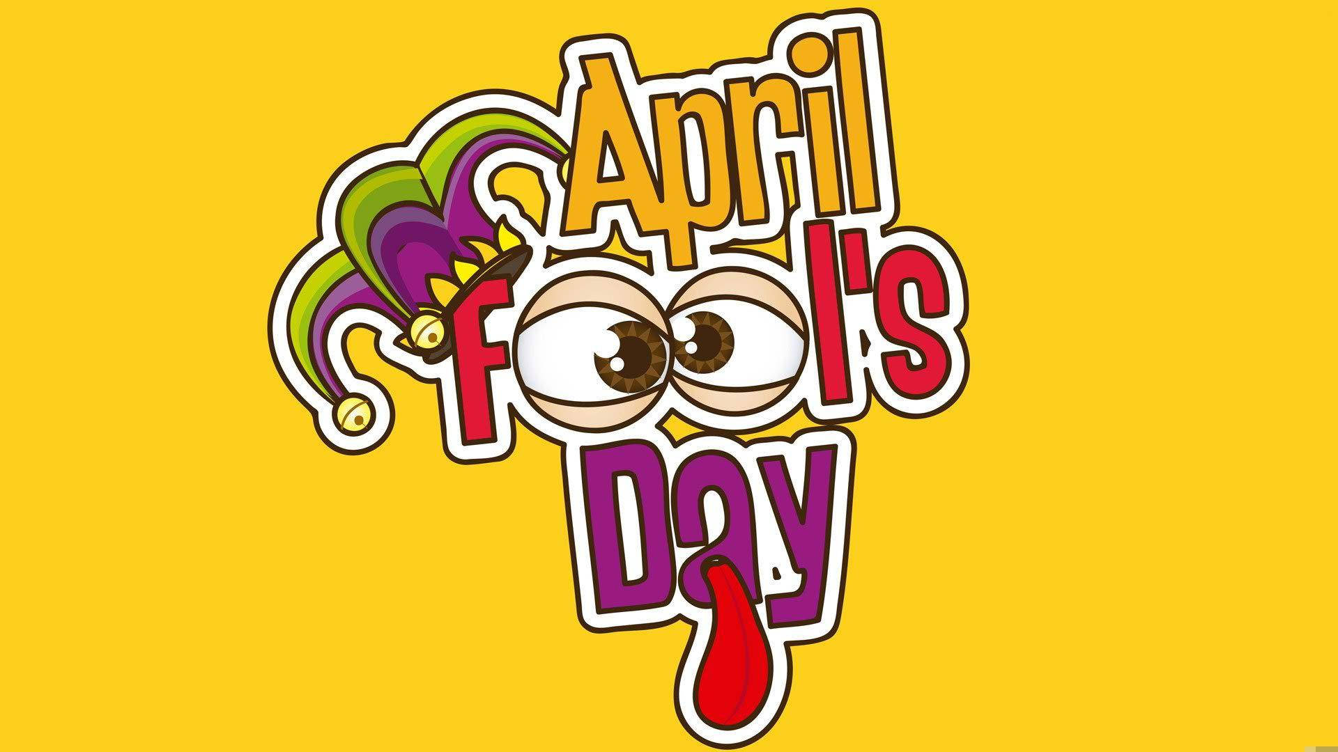 April Fools Day標誌，小丑臉和伸舌頭在黃色背景上