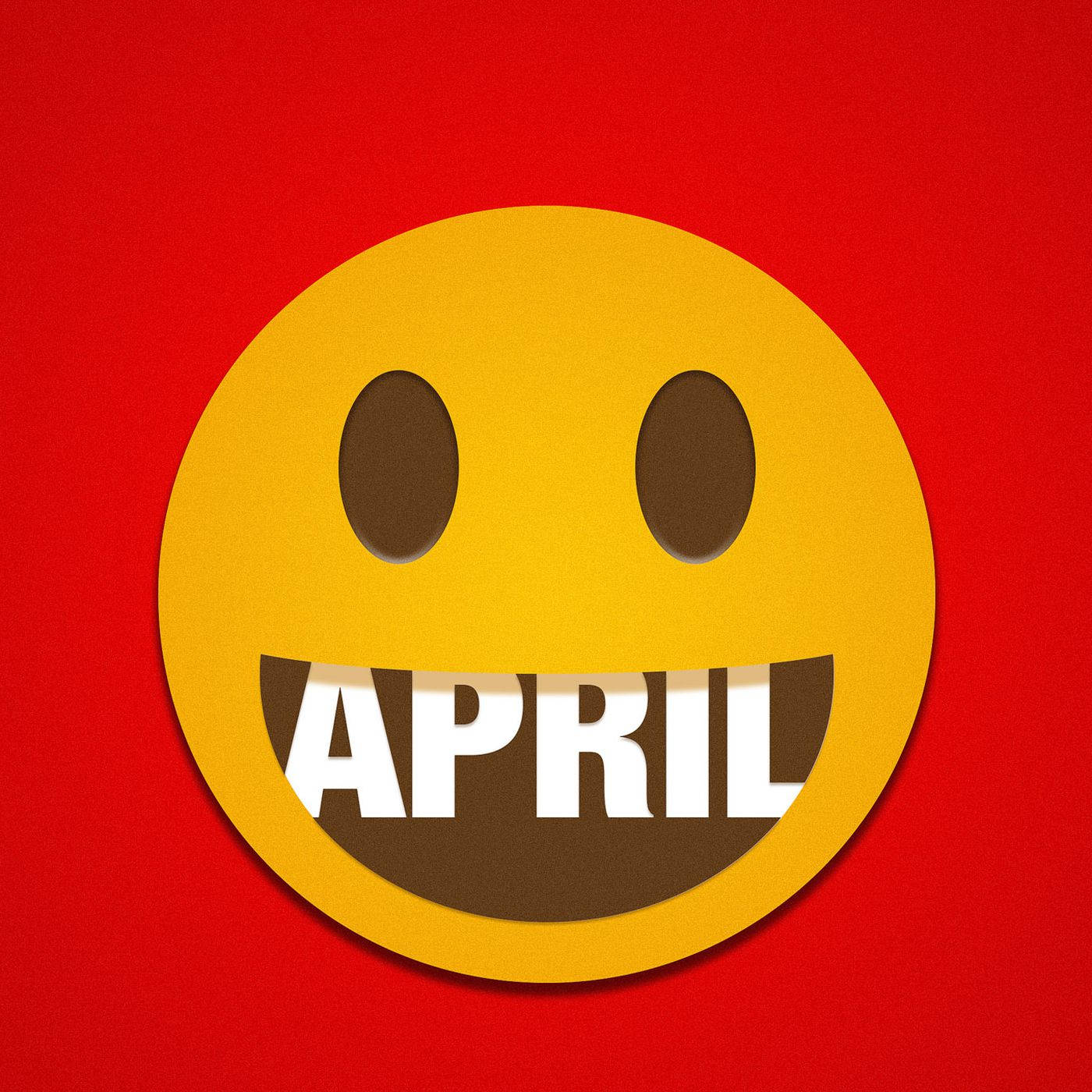 黃色笑臉露出牙齒，在紅色背景上顯示「april」這個詞。