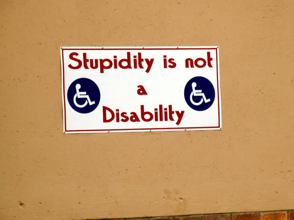 一個諷刺標牌，寫著「Stupidity is not a Disability」，帶有輪椅圖標。