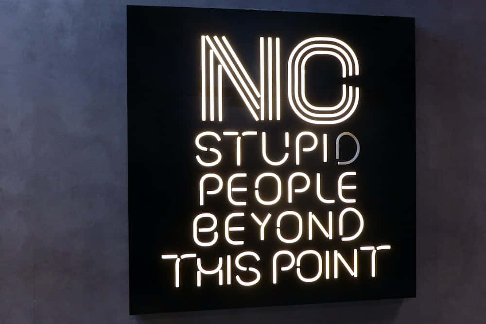霓虹燈牌在深色牆上顯示 'NIC STUPID PEOPLE BEYOND THIS POINT'。