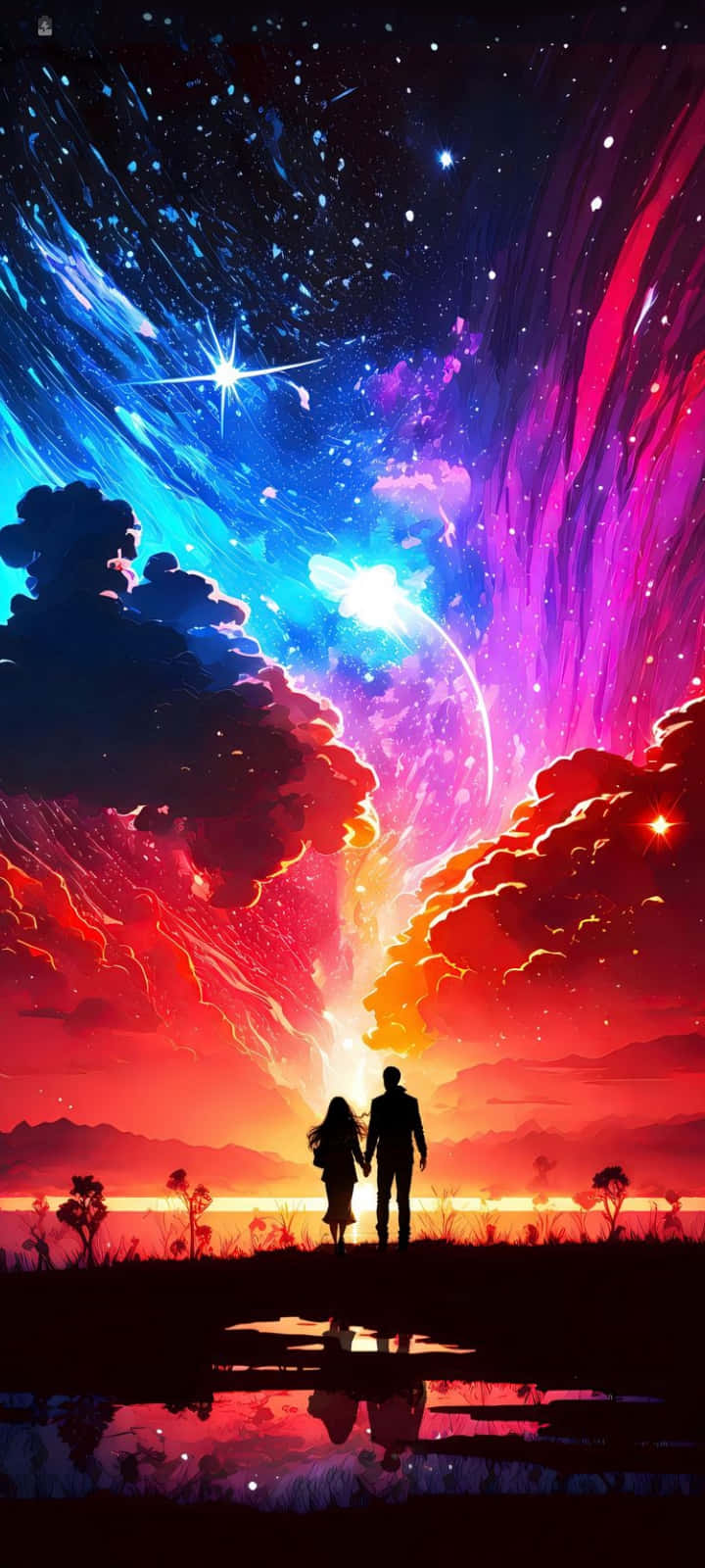 在黃昏時分，池塘倒映著充滿活力的宇宙天空，一對情侶剪影手牽手。
