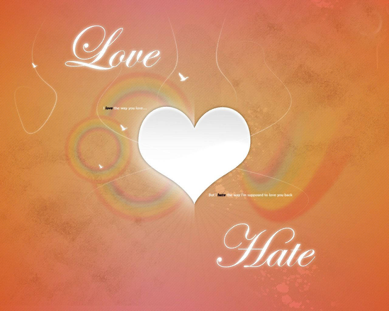 一個白色心形，上面有 Love 和 Hate 的草書字樣，背景為溫暖的漸變色。
