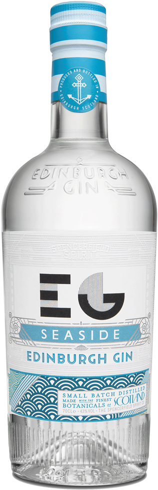 愛丁堡海濱金酒瓶 壁紙 — 一瓶清澈的玻璃瓶裝 Edinburgh Gin Seaside，帶有藍白標籤，上面有波浪圖案和錨標誌。