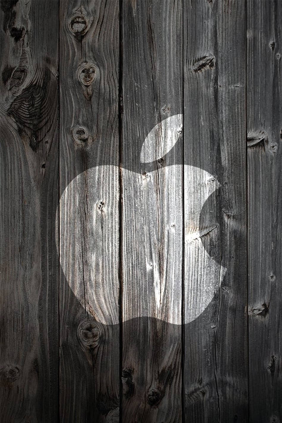 Apple 標誌在深色風化木紋上。
