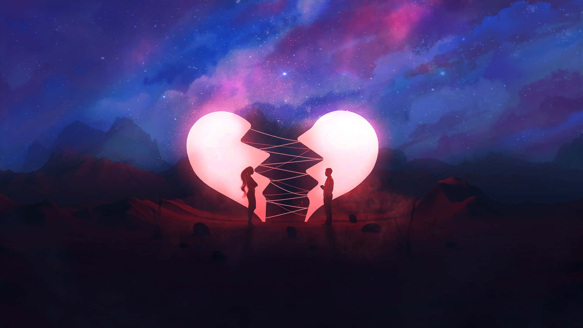 兩個人在星光夜空下分開站在一個發光破碎心臟下。