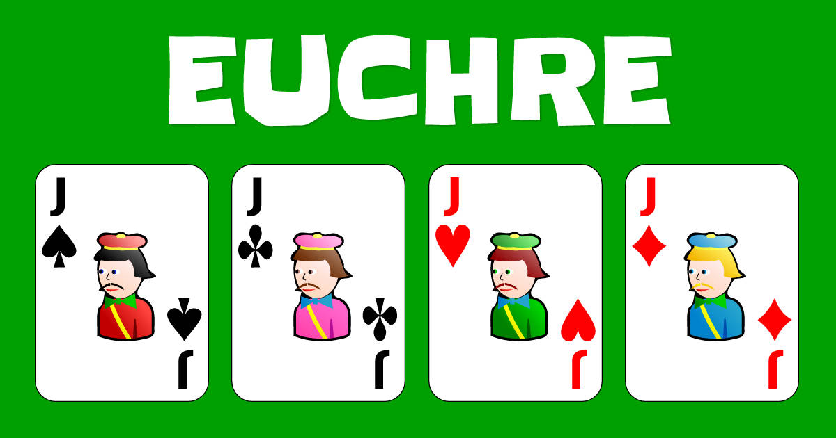 四個插圖尤克爾傑克在綠色背景上，並有「euchre」字樣。