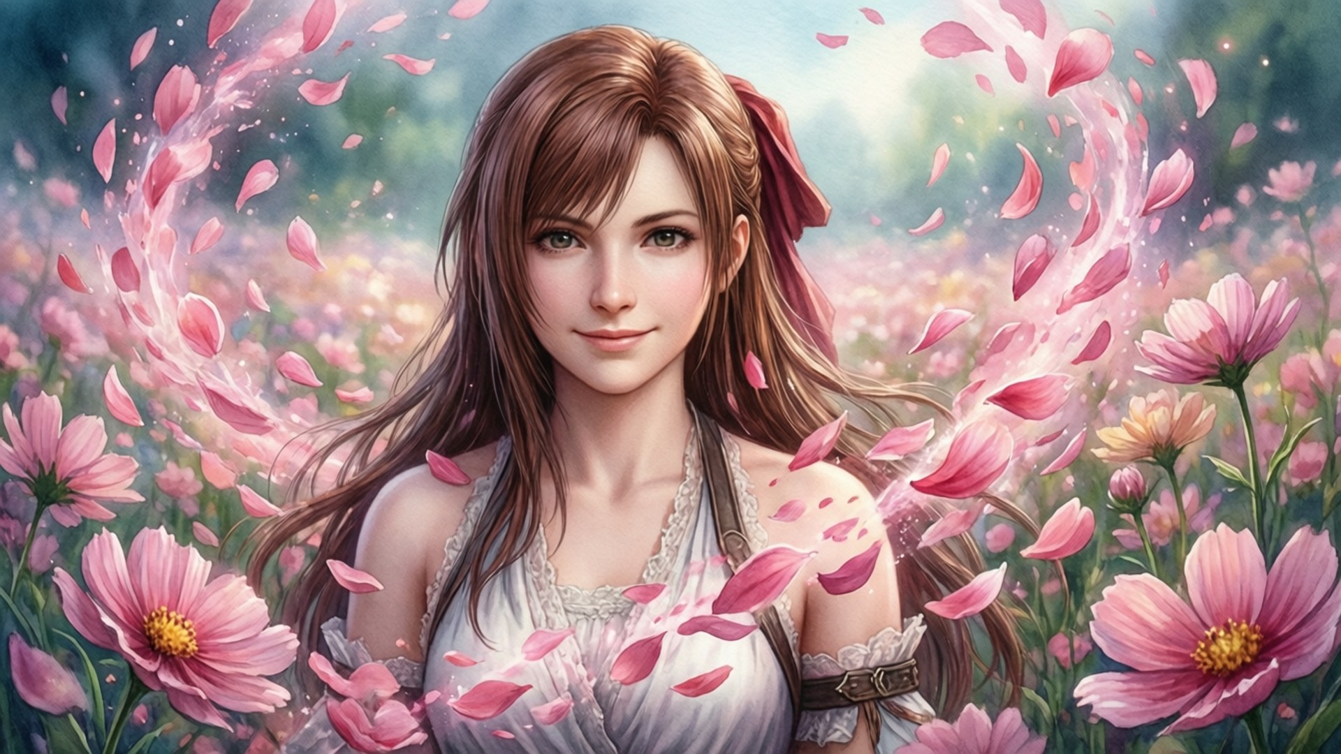 愛兒的花田夢 壁紙 — 一位平靜的動畫女孩，棕色頭髮，穿著白色連衣裙，站在粉紅色波斯菊的花田中，花瓣在微風中圍繞她旋轉。