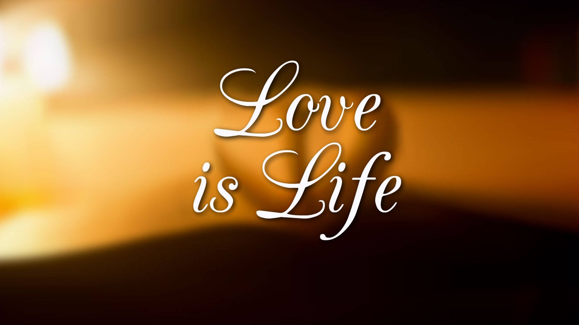 愛即生命格言 壁紙 — 優雅的白色草書文字 'Love is Life' 在溫暖的金色模糊背景上發光。