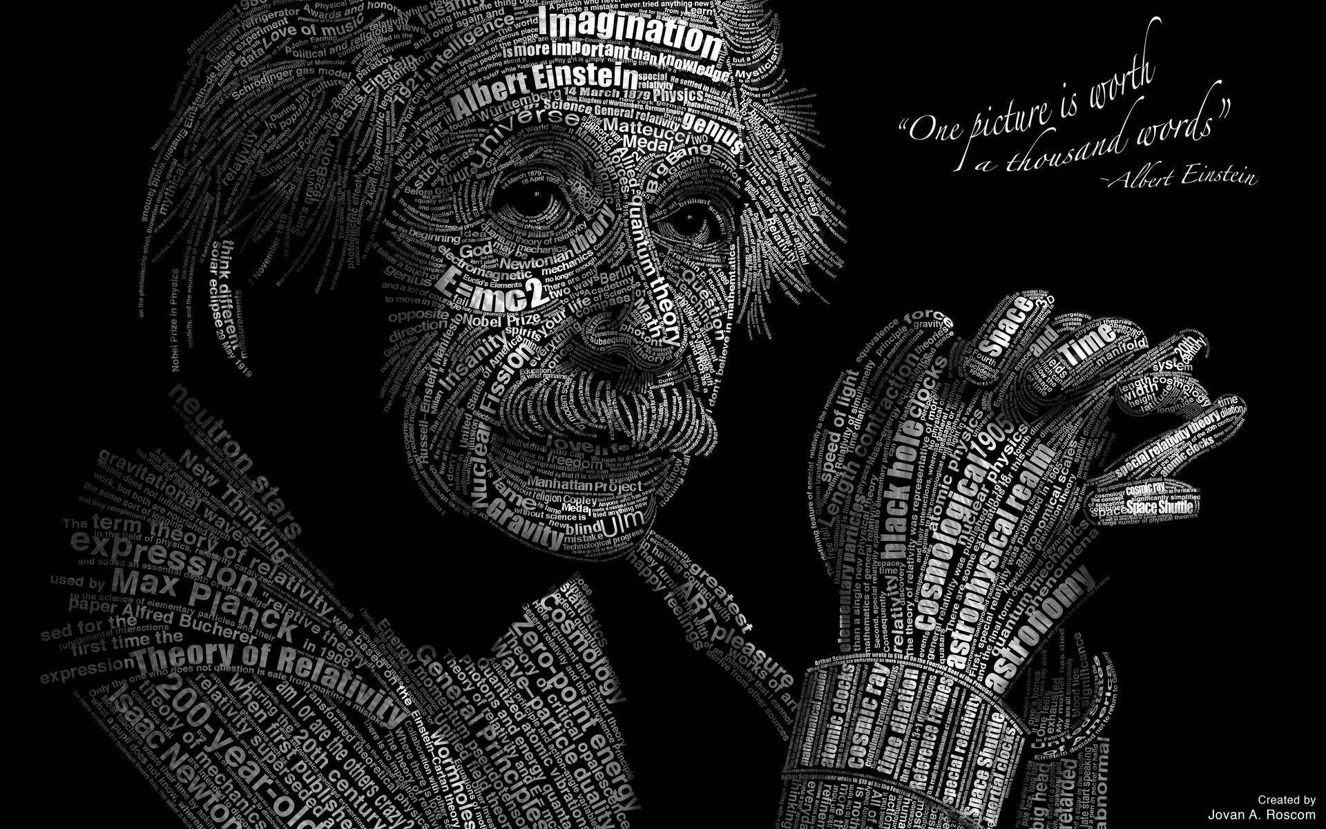 由科學術語和他的名言製成的阿爾伯特·愛因斯坦文字藝術肖像。