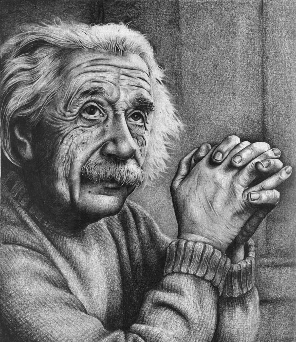 阿爾伯特·愛因斯坦的木炭素描肖像，雙手交握，目光沉思。