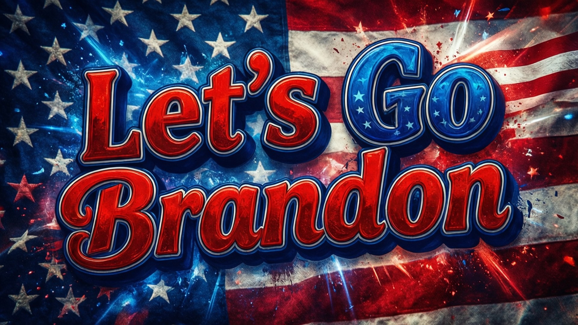 大膽的3D文字寫著Let's Go Brandon，覆蓋在破損的美國國旗上，帶有星爆。