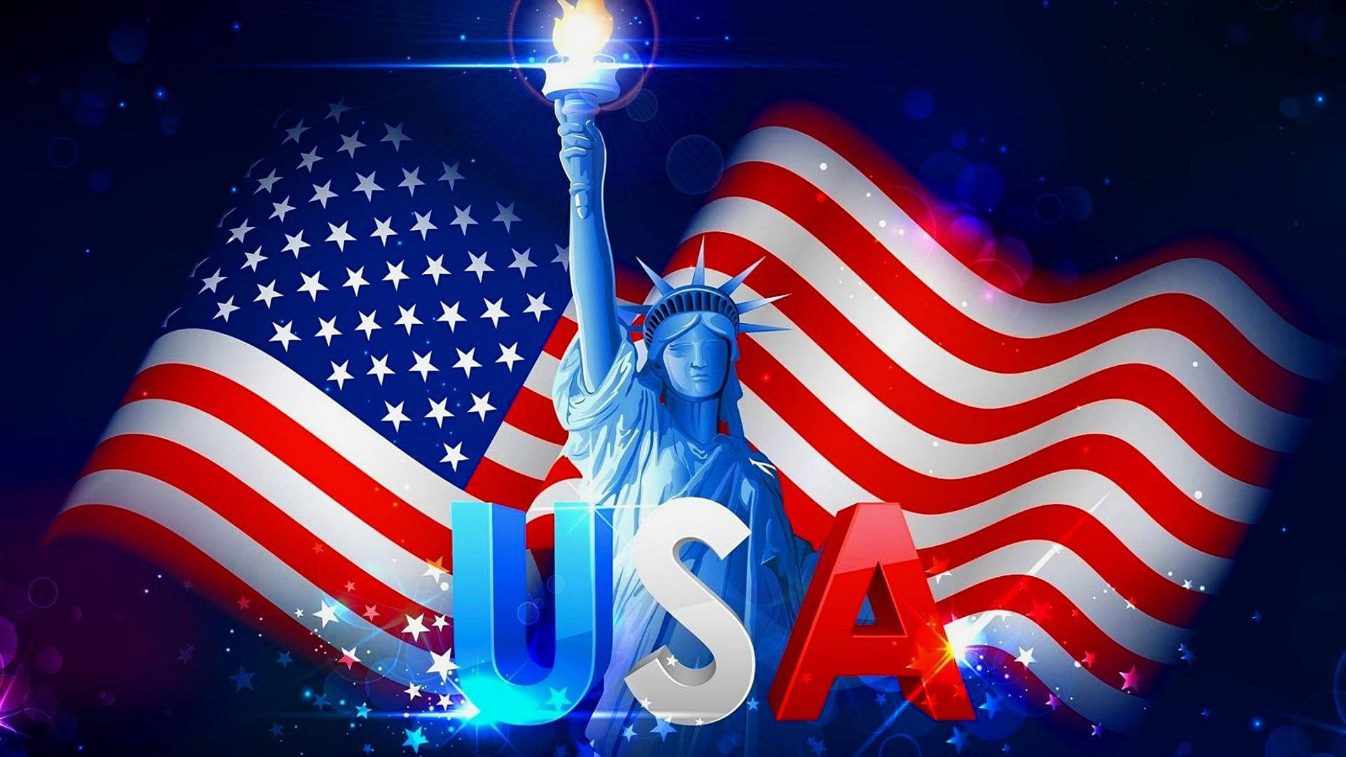 自由女神像與美國國旗和USA文字在黑暗背景上發光。
