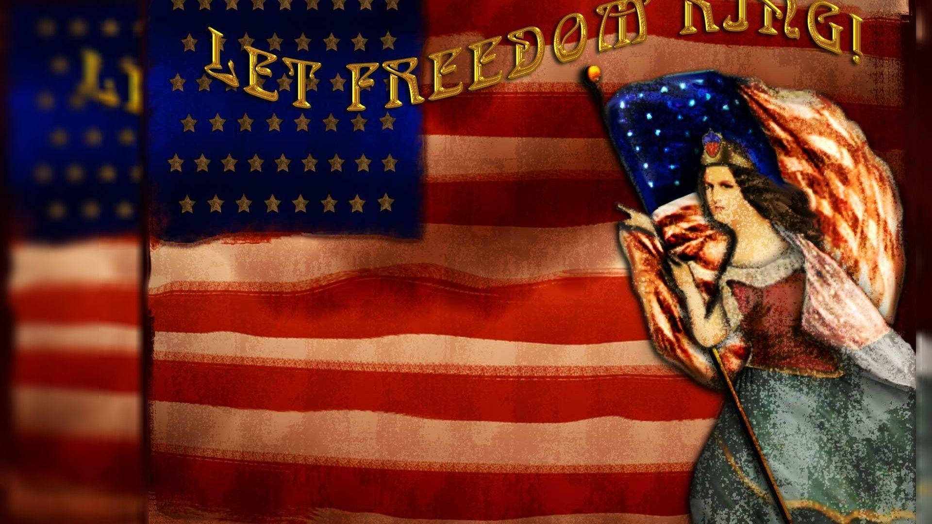 愛國與自由 壁紙 — 一款復古風格的美國國旗，上面有「LET FREEDOM RING!」字樣和一位戴著皇冠、手持旗杆的女性。