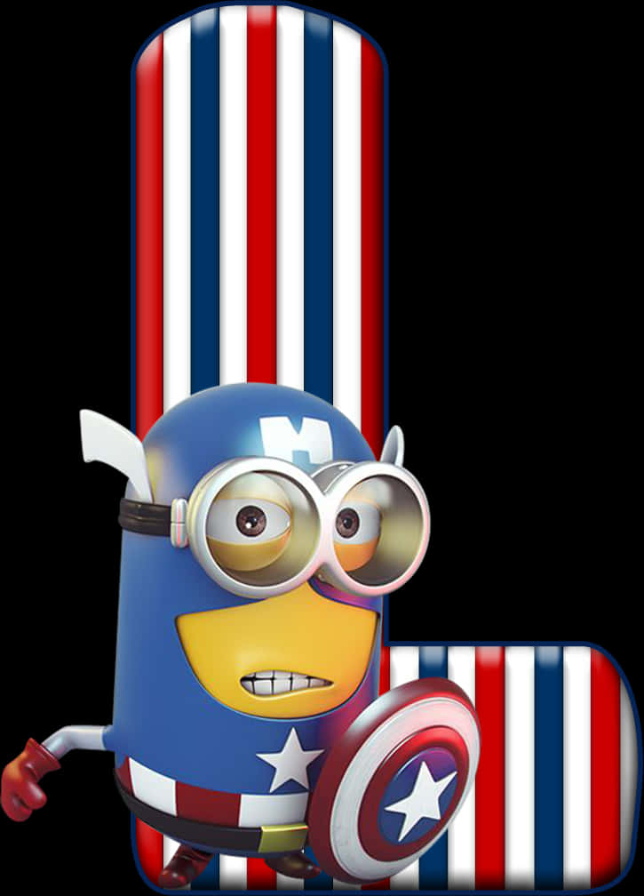 愛國風格小黃人服裝剪貼圖 壁紙 — 一個打扮成美國隊長嘅Minion英雄咁企喺紅白藍間條背景前，揸住佢嘅盾牌。