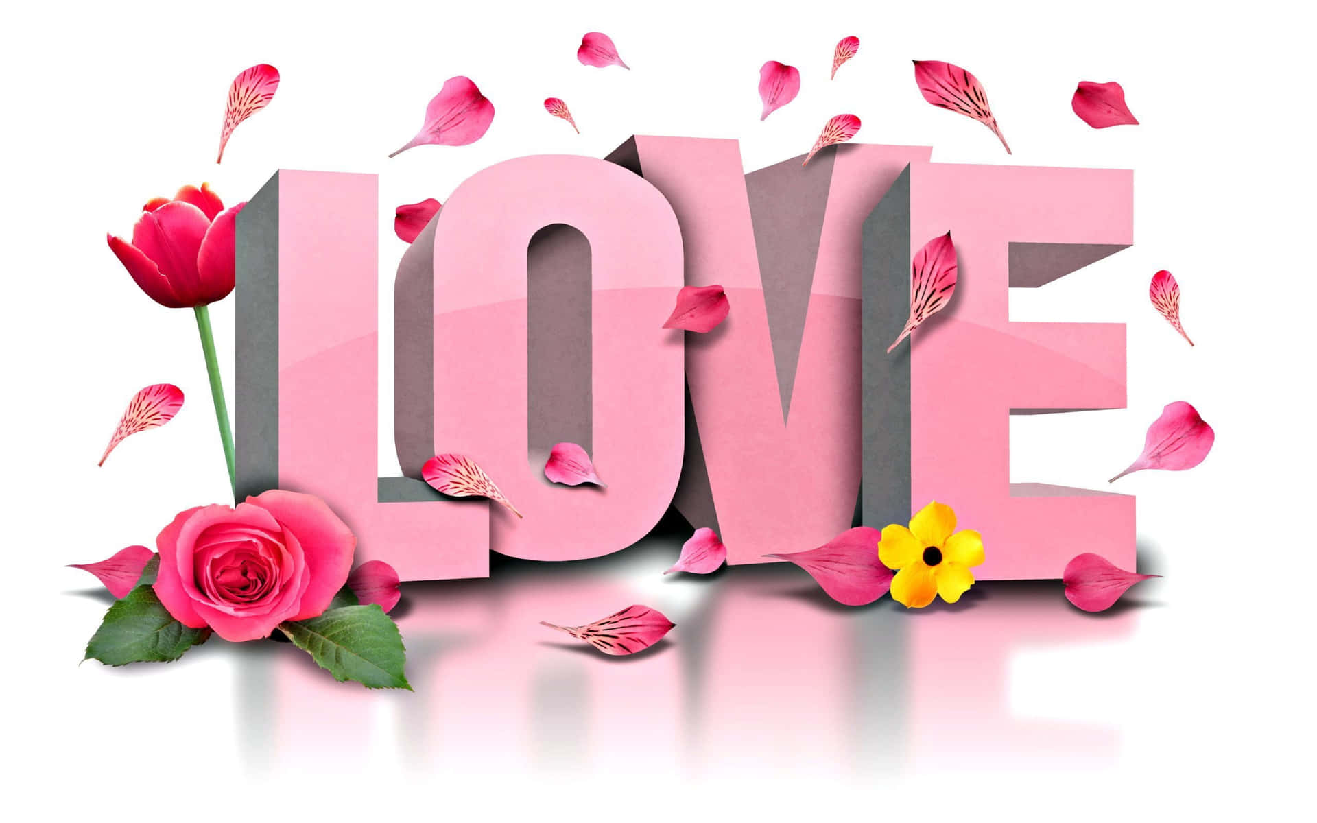 粉紅色3D LOVE字母，被玫瑰和花瓣環繞，適合浪漫慶祝。