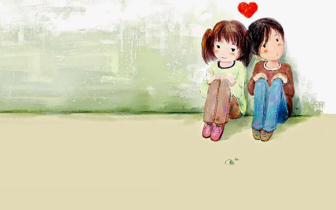 愛在空氣中！ 壁紙 — 兩個孩子並排坐在地上，一個紅心漂浮在他們頭頂。