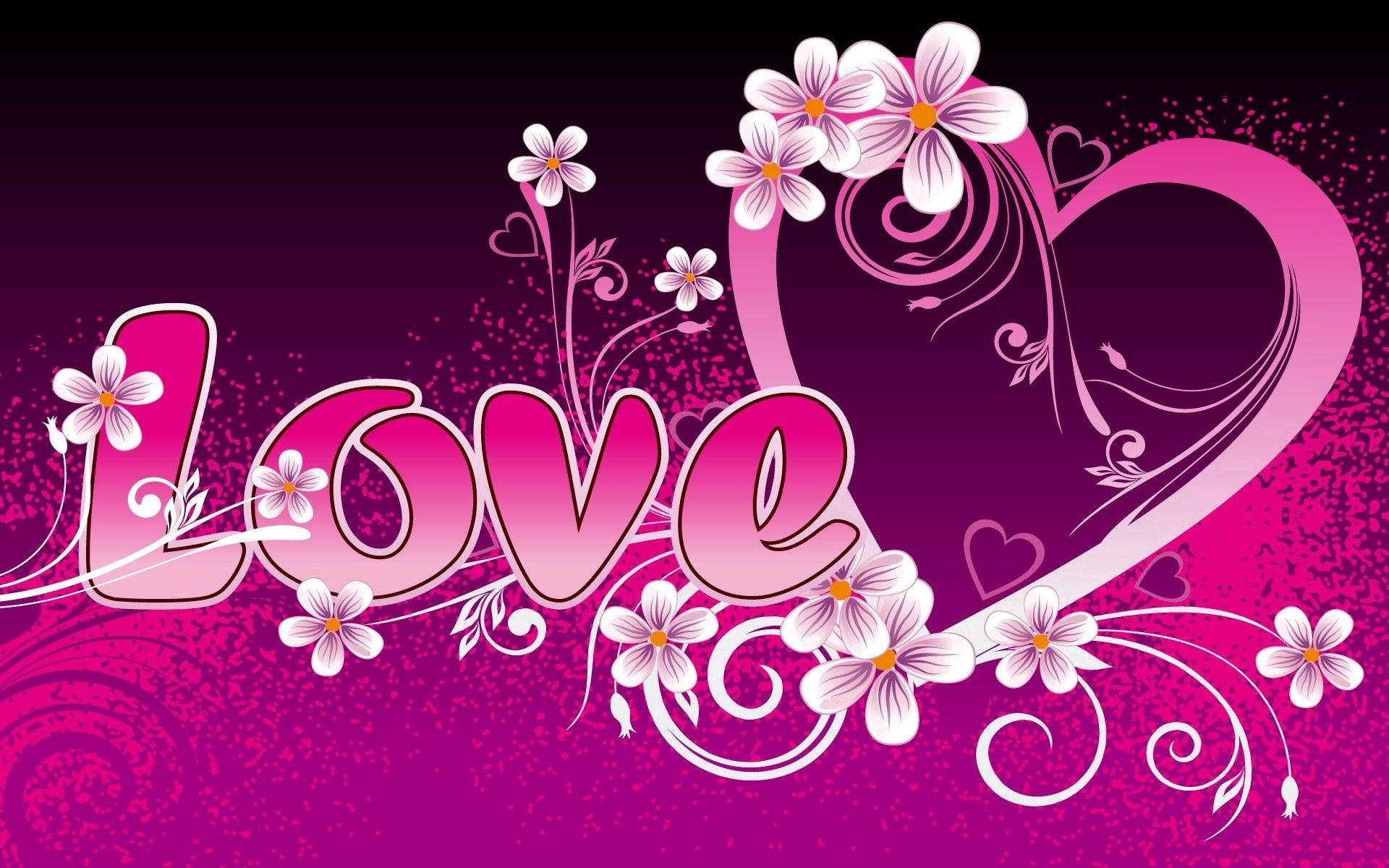 粉紅色背景，帶有「Love」字樣和花卉心形設計。