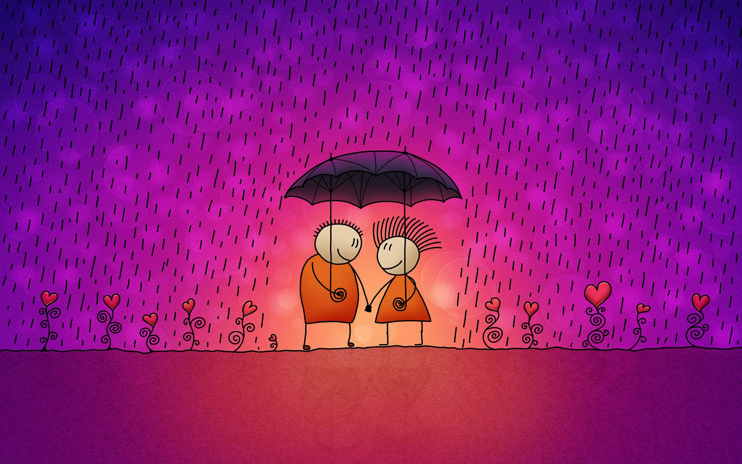 愛在空氣中 壁紙 — 兩個火柴人在充滿活力的紫色和粉紅色雨天下一起撐著雨傘，周圍有心形植物。