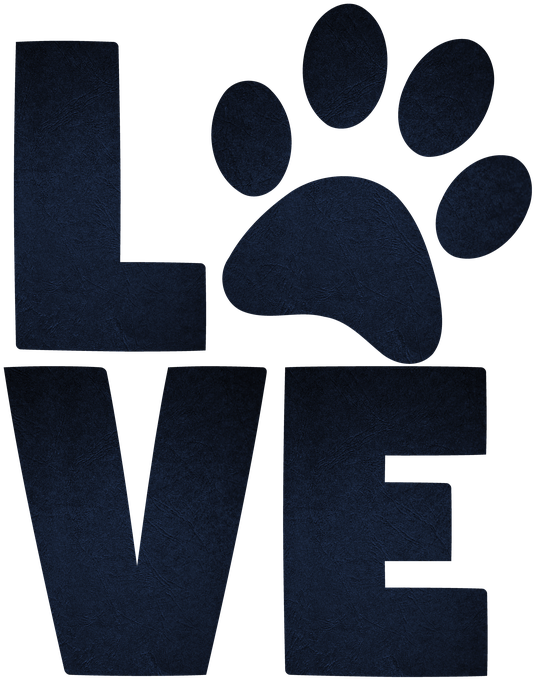 愛字爪印圖案 壁紙 — 深藍色紋理字母拼出 LOVE，其中 O 被爪印取代，背景為黑色。