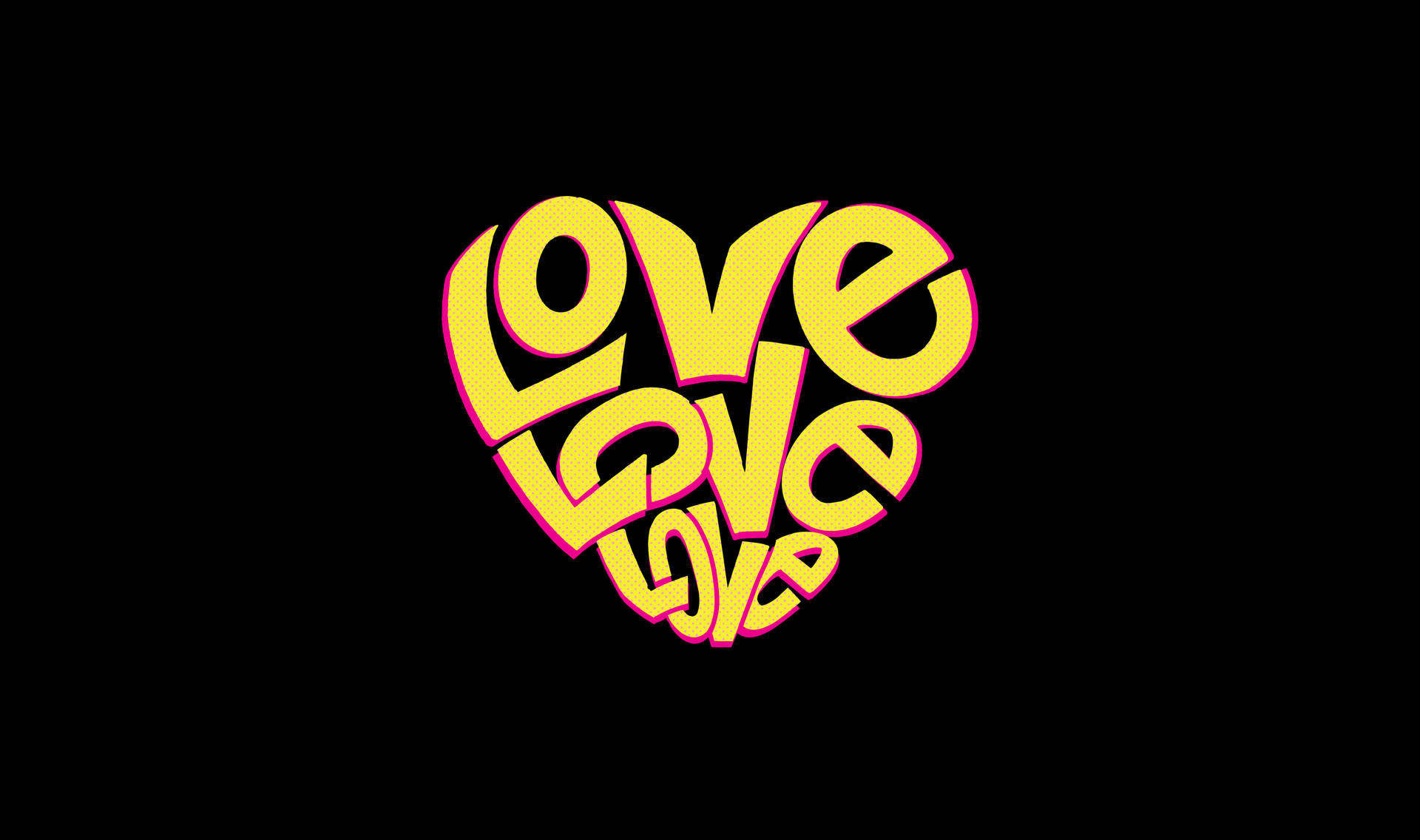 鮮豔的黃色心形文字，在黑色背景上重複「love」，帶有粉紅色輪廓。