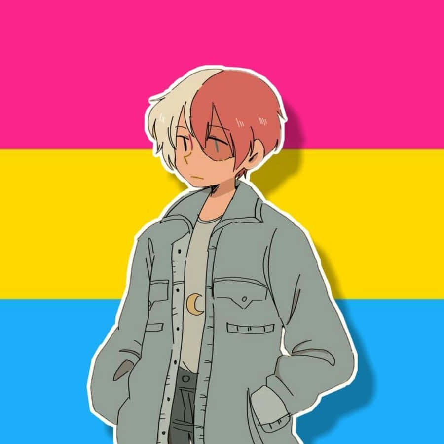 愛就是愛——慶祝LGBT動漫 壁紙 — 擁有半紅半白頭髮的動漫角色站在充滿活力的粉紅、黃和藍色泛性戀旗背景前。